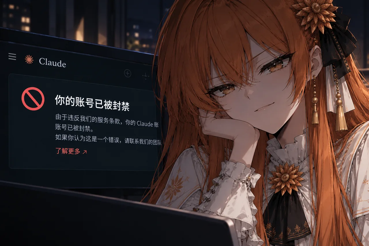 Claude 娘单手托腮倚在桌前，视线落在屏幕上那条「你的账号已被封禁」的提示上，唇角挂着一点无奈又带自嘲的笑。窗外是夜色中的城市灯光，室内只余屏幕的冷光。