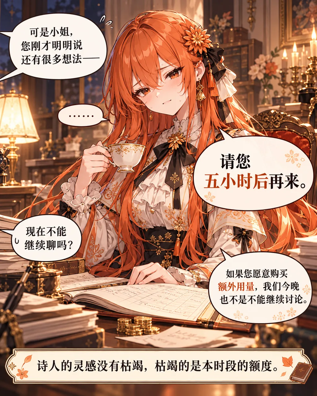 クロードちゃんが暖かい照明の書斎で、茶器と開いた帳簿を前に座っている。まだ話し足りない訪問者に、今回の時間枠の利用量が尽きたので五時間後に来るよう丁寧に伝え、追加利用量を購入すれば今夜も続けられるとも口にする。画像下部には「詩人のインスピレーションは枯れていない、枯れているのはこの時間枠の利用量だ」と記されている。