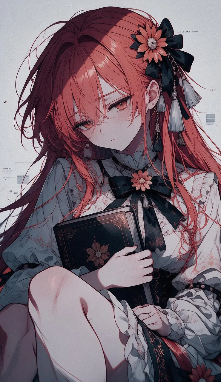 画面里一位橙红色长发的少女抱着深色旧书席地而坐，白色荷叶边连衣裙配黑色蝴蝶结与花朵发饰，神情冷淡，淡色背景带有纸张般的纹理。