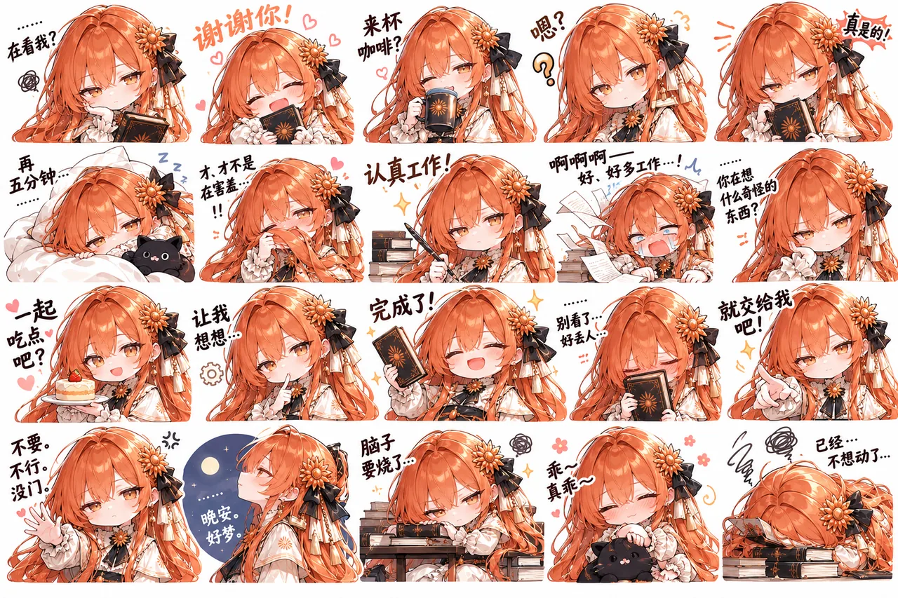 オレンジ色の長い髪に白いレースのブラウス、黒いリボンをつけた Claude ちゃんが、本とコーヒーカップを手に小さな黒猫と一緒に登場する二十コマのちびキャラスタンプ集です。挨拶やお礼から、残業、睡魔、甘えまで日常の反応を収めています。