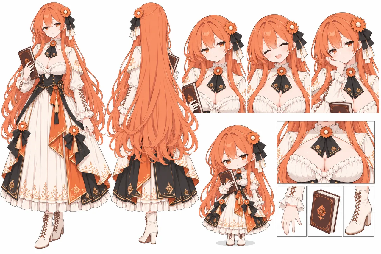 オレンジと白のドレス姿の Claude ちゃんの設定資料（原型はサイト内作品 claude202610030001）。正面と背面の全身立ち絵、3 種類の表情差分、ちびキャラの全身像に加え、襟元の花飾り・編み上げのフリル袖口・印刷入りの本・編み上げヒールブーツの細部分解を収録。