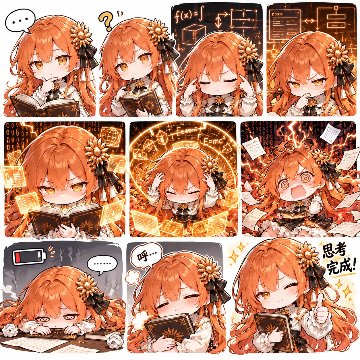 十格 Q 版表情围绕 Claude 娘「大思考」展开：抱书托腮、举笔犹豫、闭眼强行推导，背景逐渐出现公式、代码与能量环，最后以电量耗尽与竖拇指的「思考完成」收尾。