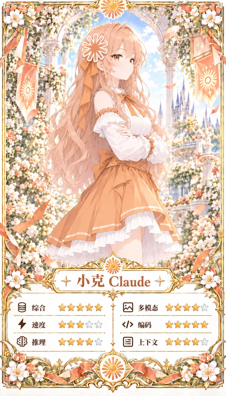 以暖橙色花庭城堡为背景的 Claude 拟人化少女卡牌,底部附综合、速度、推理、多模态、编码、上下文六项星级评分。