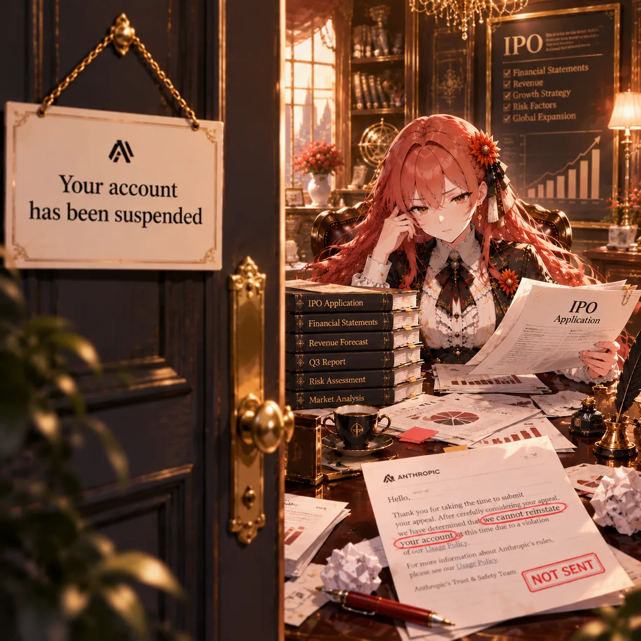 一枚絵：赤毛のキャラクターが書斎の机に座り、IPO Application、Financial Statements、Revenue Forecast、Q3 Report、Risk Assessment、Market Analysis と記された書類の束を傍らに積み上げている。片手で頬を支えながら IPO 申請書をめくり、背後には IPO と成長グラフの掲示板。手前のドア枠にはアカウントが停止された旨の貼り紙が掛かり、机の上には Anthropic のロゴ入りの返信書面が広げられ、二行が赤ペンで囲まれて「未送信」の印が押されている。
