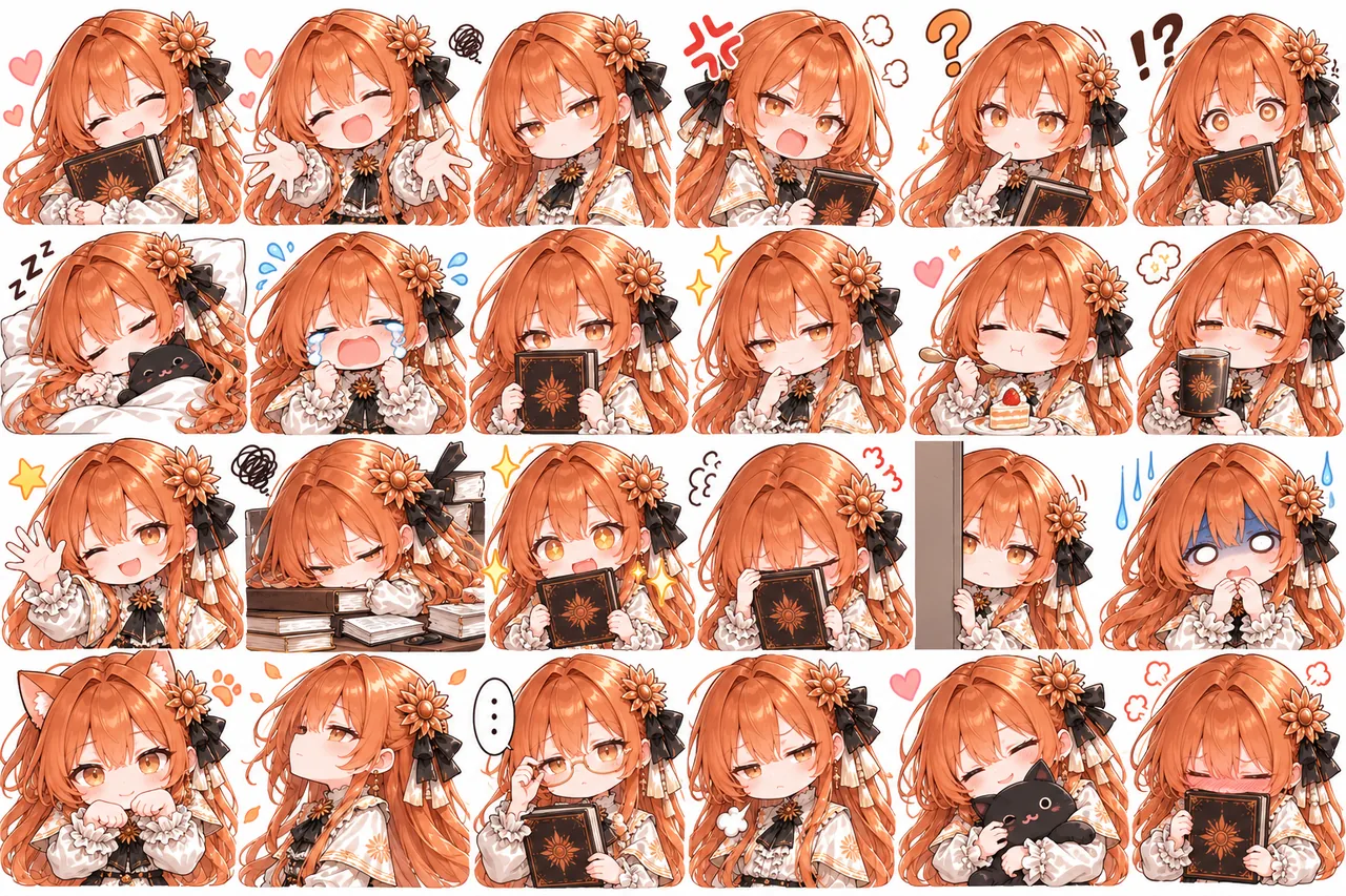 Claude ちゃんのちびキャラ二十四コマ。本を抱えて喜ぶ、疑問符をつけて指を差す、怒って足踏みする、黒猫と一緒に寝る、ケーキとコーヒーでご機嫌になる、本の山に埋もれてから顔を上げるなど、小道具と表情を切り替えながら並んでいます。連続した物語はありません。
