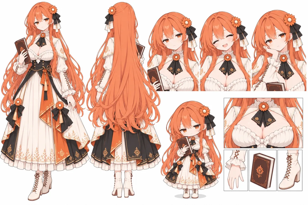 サイト内作品 claude202610030001 を原型とした、Claudeちゃんのオレンジ×白ドレスのキャラクター設定資料です。正面と背面の全身立ち絵、3種類の表情差分、ちびキャラの全身、そして襟元の花飾り・フリル袖口・紋様入りの書物・編み上げヒールブーツの細部までを収録しており、二次創作の参考として使えます。