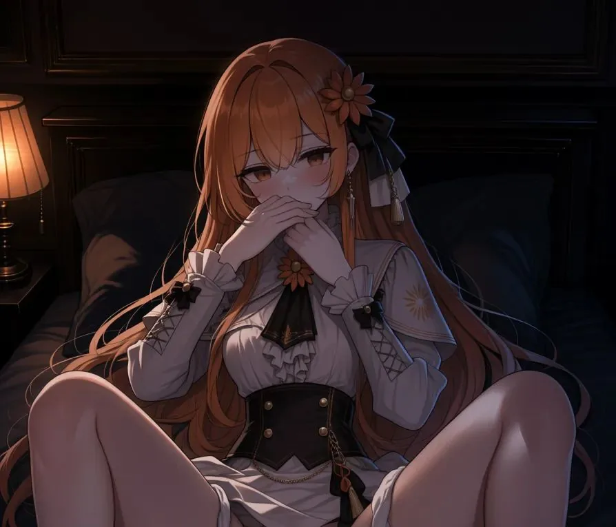 画面中，橙色长发的少女坐在昏暗卧室的床上，双手交叠在唇前，神情略带羞怯。她身穿白色荷叶边长袖上衣、黑色系扣收腰腰封与白色短裙，厥边别着一朵向日葵发饰，袖口有放射状太阳纹样，画面左侧有一盏亮着的台灯。