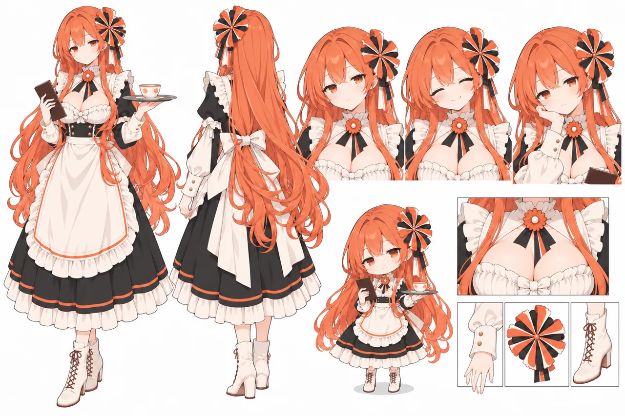 ZipZipPipe の鯨モチーフのキャラクターに着想を得た、メイド服姿の Claude ちゃんの設定資料。正面と背面の全身立ち絵、3 種類の表情差分、ちびキャラの全身像、そして襟の花飾り・袖口・髪飾り・ブーツのディテール分解を収録している。