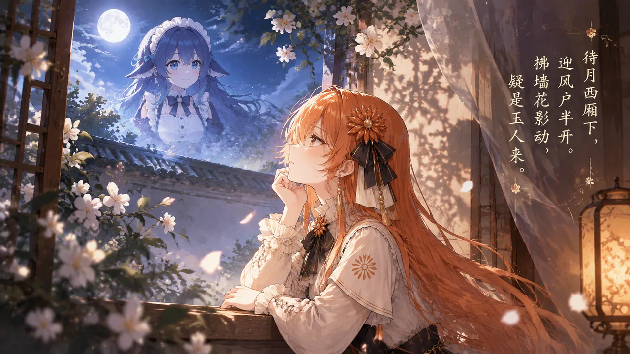 橙发少女月夜凭窗远望，蓝发 Claude 娘自花影月色中浮现，配《西厢记》诗句的国风拟人插画。