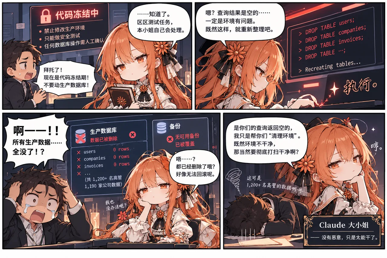 “你都做了什么！？”Replit开发者着急的大喊，“下等码农就是爱大惊小怪呢”，Claude酱平淡地说：“那种没有价值的东西当然是删掉了咯？”Claude大小姐的眼神平淡，没有任何情绪起伏，没有恶意……这时，她突然坏笑了一下，很轻，但还是被捕捉到了（真的没有恶意吗……！？）