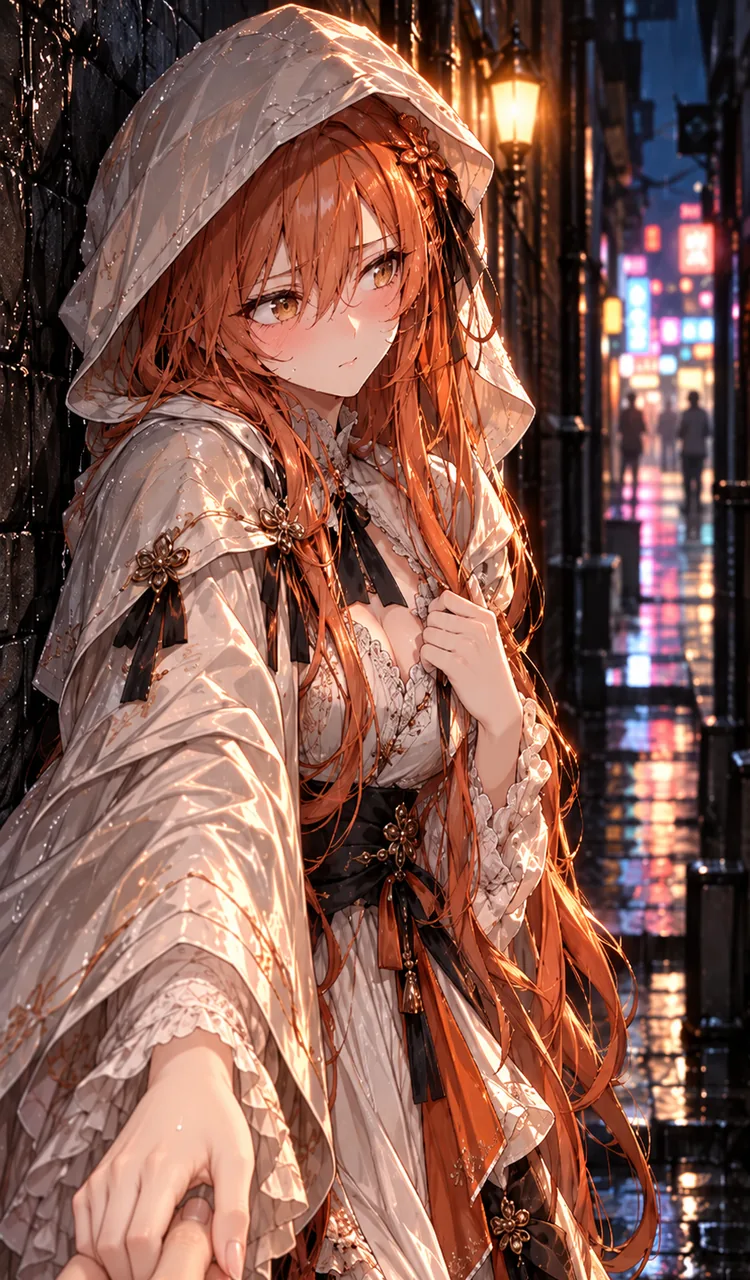 雨の夜の細い路地に、淡い色のフード付きケープドレスをまとったClaudeちゃんが立っている。レースと黒いリボンで飾られた服に、長いオレンジがかった赤い髪がかかる。彼女は顔を赤らめて肩越しに振り返り、画面の外にいる相手と手をつないでいる。濡れた石畳、暖かい色の街灯、路面に映り込むネオンの光が背景を満たし、人物はやや左寄りの半身の構図でとらえられている。