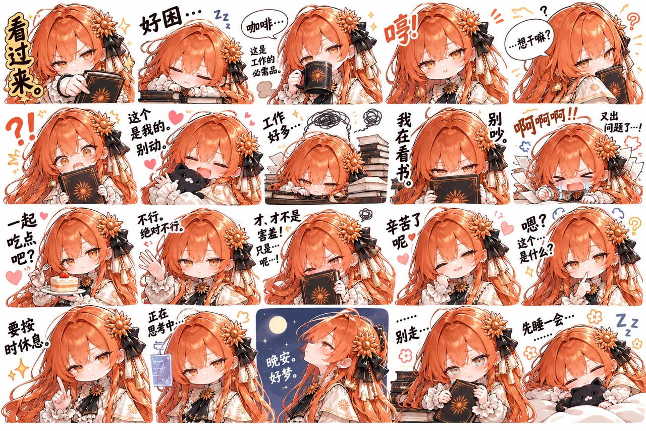 オレンジがかった赤い髪にひまわりの髪飾り、白いフリルのシャツをまとった Claude ちゃんのちびキャラスタンプ20点を一枚にまとめたシートです。読書、コーヒー、眠気、照れ、静かにしてほしいときなど、日常の場面ごとに短いセリフが添えられ、文字あり版と文字なし版の両方が含まれます。