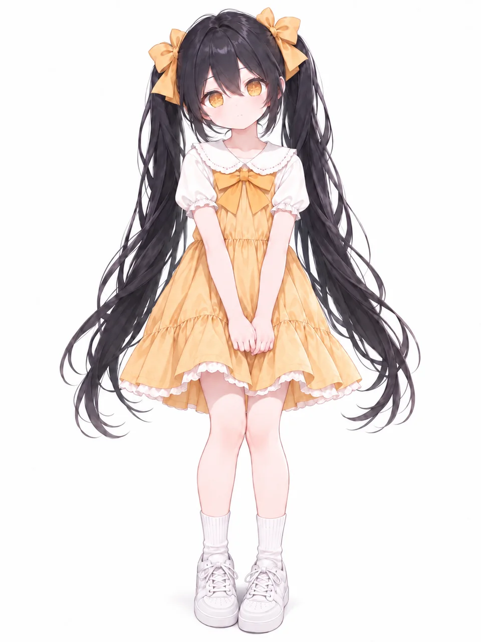 黑发双马尾的Claude娘扎着黄色蝴蝶结,穿浅黄连衣裙与白色领子,双手交叠在身前,橘色眼睛怯怯地望向镜头,站姿拘谨。
