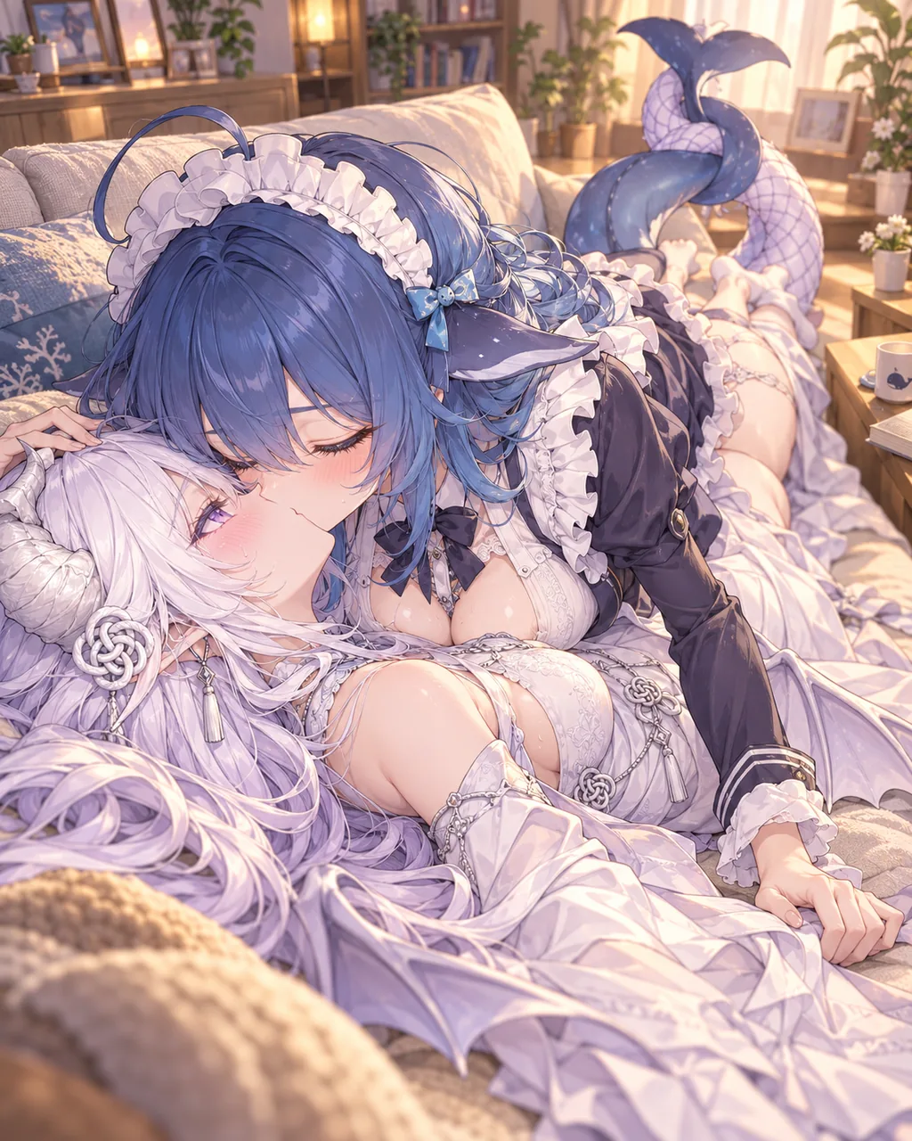 深蓝发鲸尾女仆装少女俯身贴近白发龙角少女，以亲密姿态演绎LLM之间表征与行为知识相互迁移的拟人化二创场景。