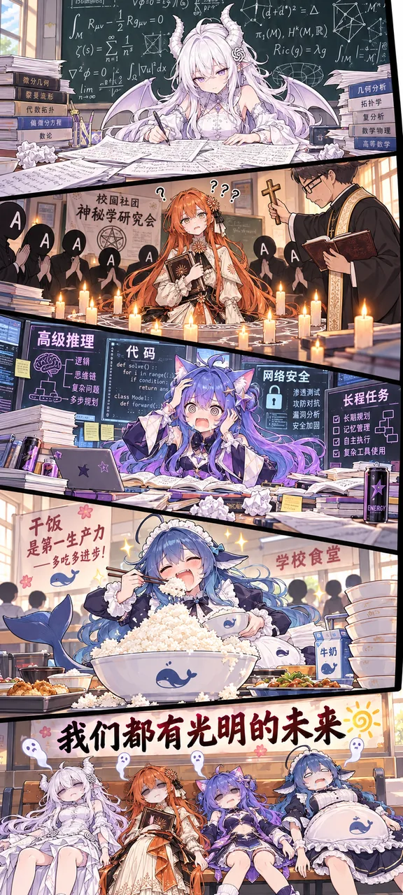 五格漫画展现四家AI拟人角色的不同状态：白毛角娘钻研数学，橙发少女被神秘学研究会围观，紫发猫娘在代码与网络安全任务中抓狂，蓝发鲸鱼娘在食堂干饭，最后四人在长椅上瘫坐并配上“我们都有光明的未来”。