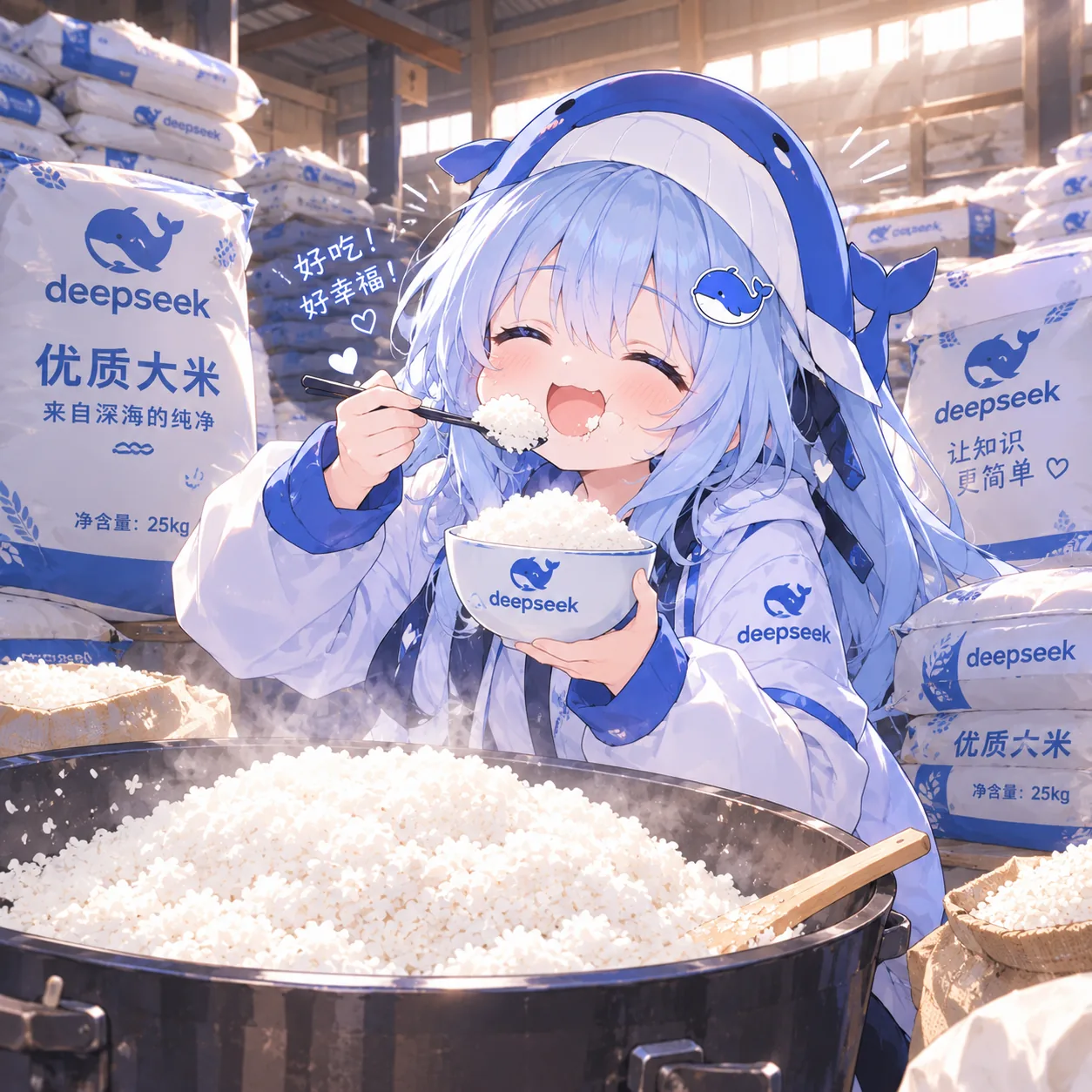 DeepSeek 拟人化蓝发少女坐在堆满「deepseek 优质大米」的粮仓里,抱着印着鲸鱼标志的饭碗大口扒饭,身旁是一整锅冒热气的白米饭。