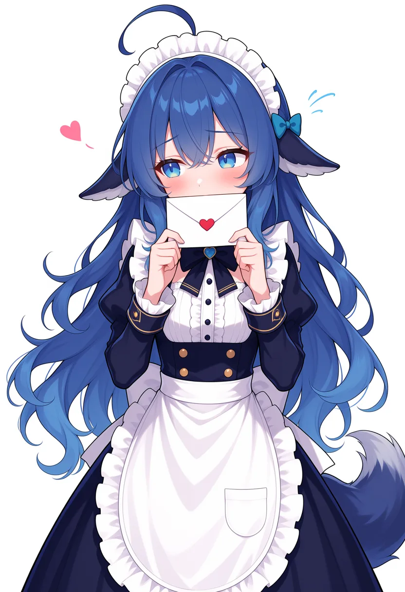 DeepSeek Chan, a long blue-haired girl with whale ears and a whale tail in a maid outfit, holds a white envelope sealed with a red heart in front of her blushing face, with a small heart and flustered sweat drops floating beside her.