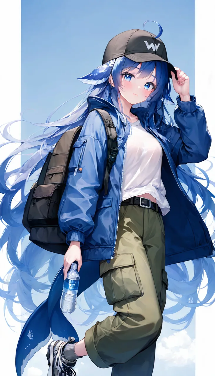 画面中的深蓝长发少女戴着印有 W 标志的黑色棒球帽，身穿蓝色工装外套与军绿色工装裤，背着黑色双肩包，手提一瓶矿泉水，摆出准备出发去爬山的姿态。她有一对鲸鱼状耳鳍和一条蓝白渐变的长尾，背景是浅蓝渐变天空与几缕白云。