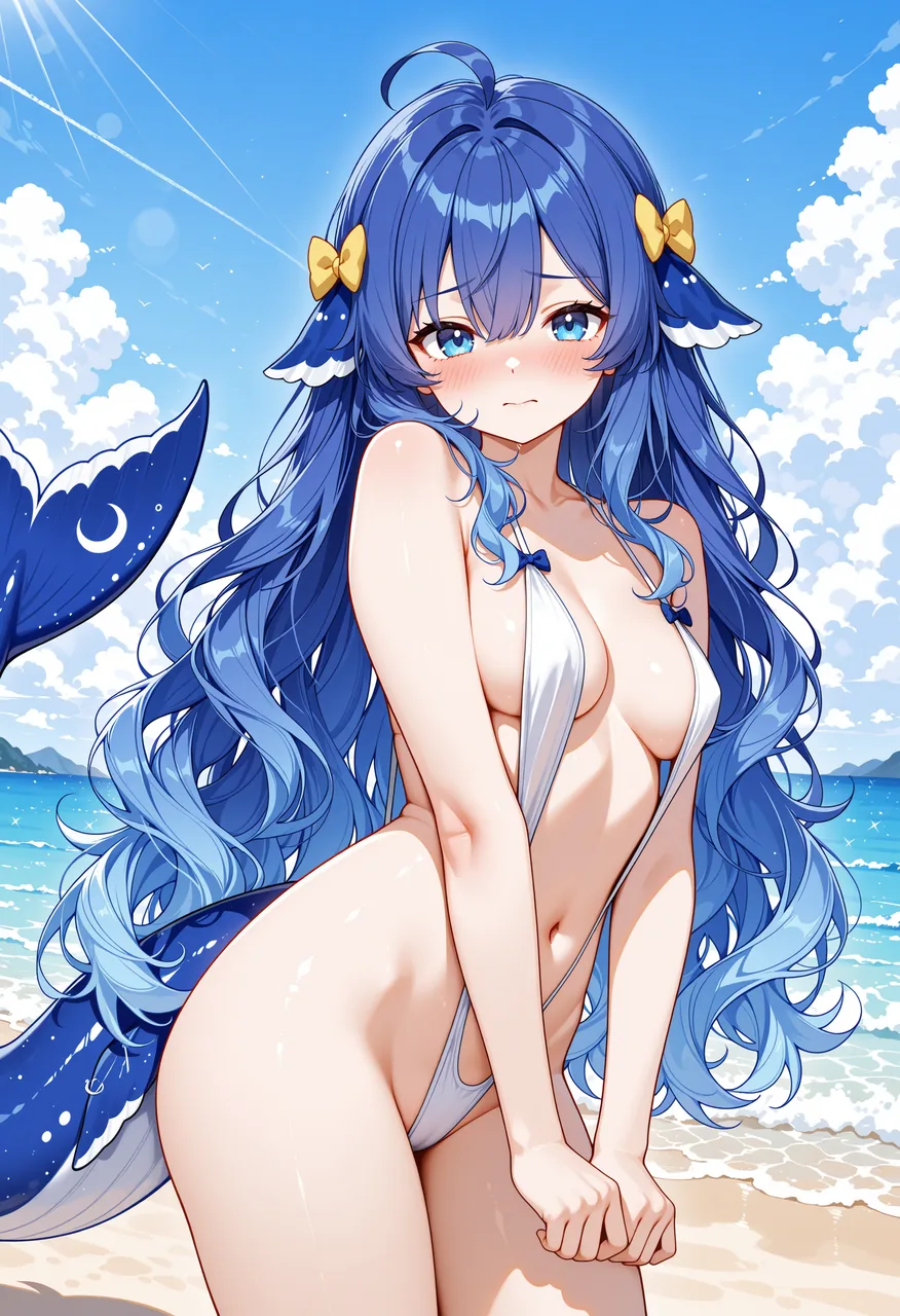 深蓝长发的 DeepSeek 娘站在海边沙滩上，头侧别着白色鳍状发饰与黄色蝴蝶结，左侧露出带月牙纹样的深蓝鲸尾。她穿着白色系带泳装，脸颊泛红、微微别过头，双手在身前交叠，身后是碧蓝海面与积云天空。