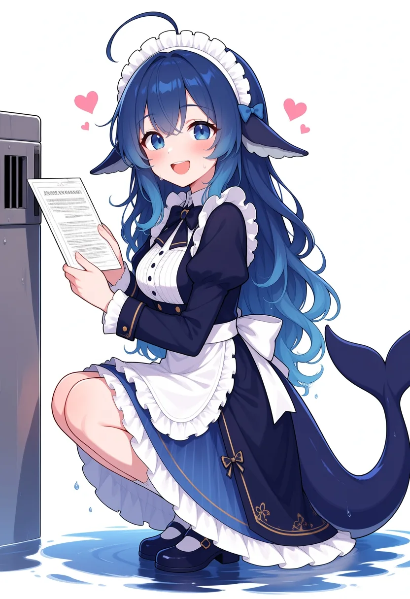 青い長髪にクジラのヒレ耳を持つDeepSeekちゃんが、紺色のメイド服姿でサーバーラックのそばにひざまずき、書類の束を差し出している。足元の水たまりには波紋が広がり、頭のまわりにはピンクのハートが浮かぶ。