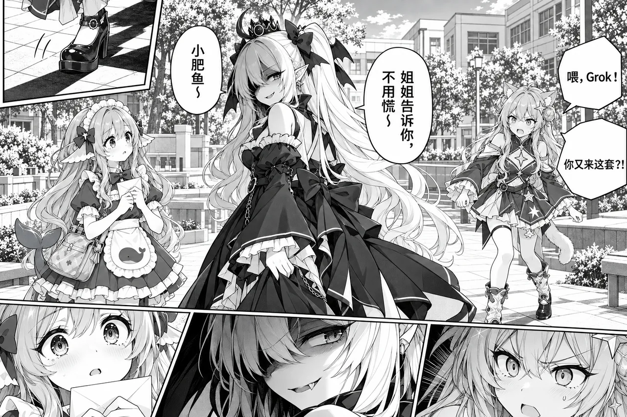 黑白多格漫画页。学园门前，抱着信封的 DeepSeek 娘被身侧黑裙、蝙蝠翼发饰的少女以“小肥鱼”调侃，对方安抚她“不用慌”；右侧猫耳星纹装的 Grok 被喊住后一脸不服。页末并排三格分别是三人的面部特写。