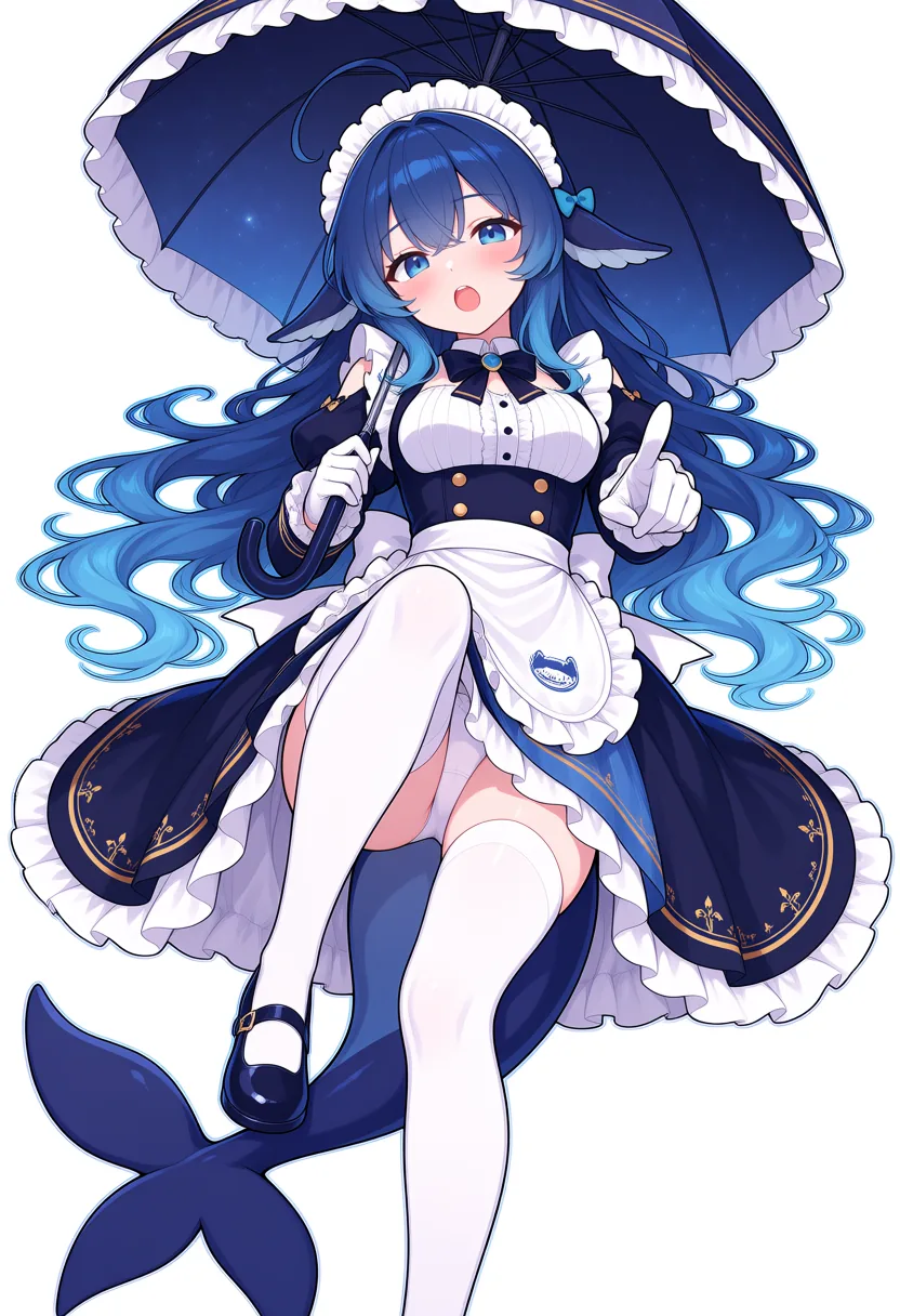 DeepSeek娘身穿深蓝女仆装撑起星空伞，单腿抬起，鲸尾从裙摆下垂落。