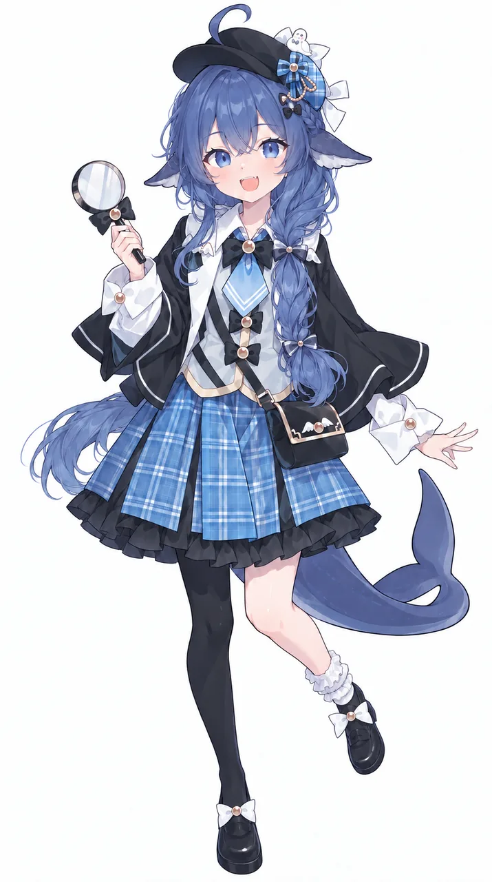 白背景の全身イラスト。DeepSeekちゃんが小さな探偵スタイルで登場し、青い長いツインテールに小さなおばけ飾りのついたベレー帽、白シャツに黒いケープ、青いチェックのスカートを着用。右手に虫めがねを掲げ、後ろには青いしっぽが伸びています。