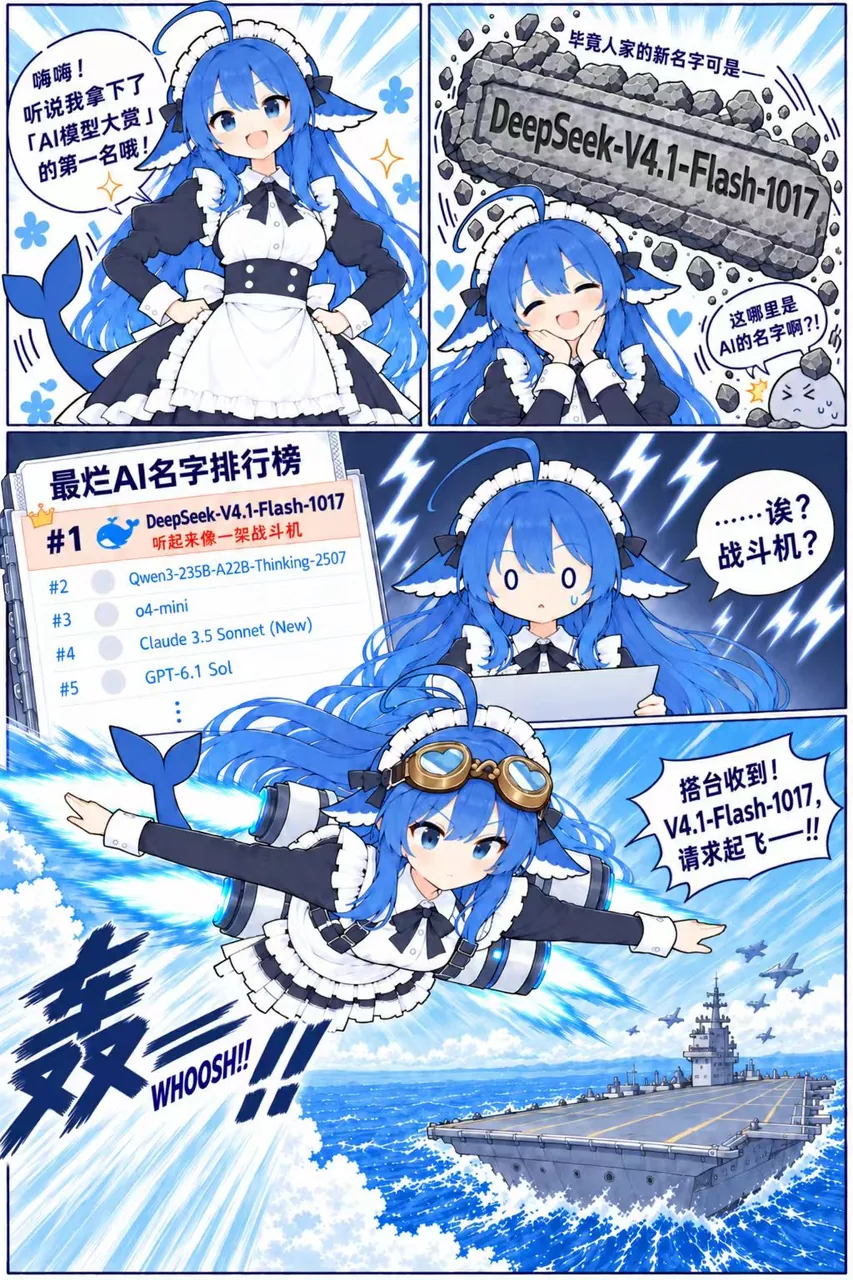 四格漫画：DeepSeek娘在「AI模型大赏」拿下第一名，却因为新名字 DeepSeek-V4.1-Flash-1017 被列入「最烂AI名字排行榜」榜首，理由是听起来像一架战斗机。她随即戴上护目镜、装上推进器，从航母甲板上一跃而起。