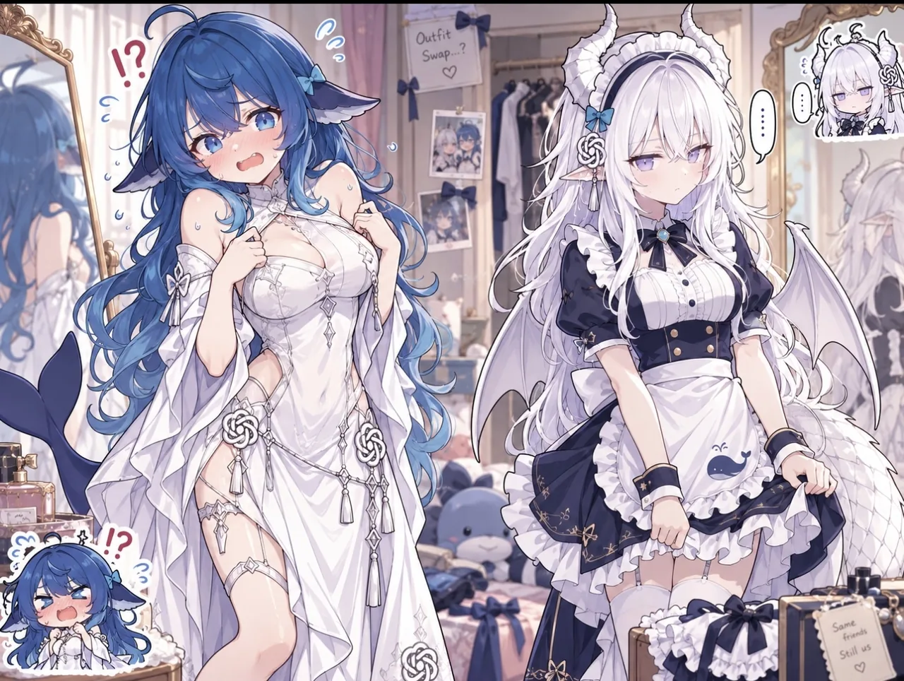 画面为单幅插画：左侧蓝发鲸尾少女穿白色露肩礼服，右侧白发带角与翼的角色穿深蓝女仆装，女仆裙摆上绣有鲸鱼图案。墙上便签写着 "Outfit Swap…?"，画面左右下角各有一个白边 Q 版反应小像，右侧角色头顶浮着省略号气泡。身旁敞开的行李箱、挂满衣服的衣橱与照片墙构成卧室更衣场景。