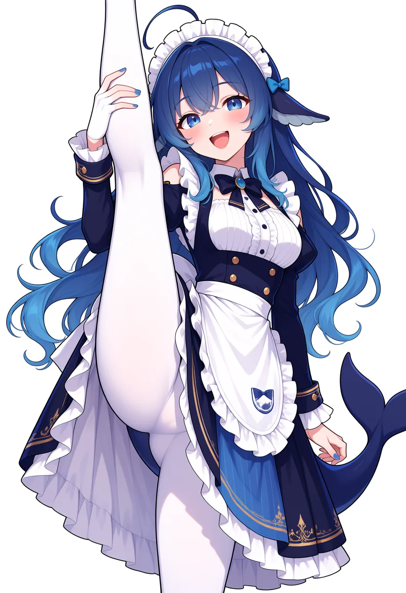 深蓝发色的 DeepSeek 鲸娘穿海军蓝女仆裙，扶住白色立柱做出一字马，鲸鱼尾巴在身后翘起，笑着看向镜头。