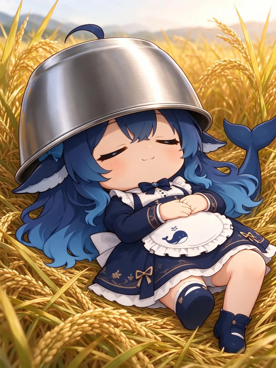 A chibi DeepSeek Chan with long blue hair and a whale tail dozes in a golden rice paddy, an upside-down stainless steel rice bowl worn as a sun hat, her hands folded over a whale-print apron. The image was generated with Seedream 5.0 flash on Volcano Ark, echoing the dream of resting beneath towering rice plants.