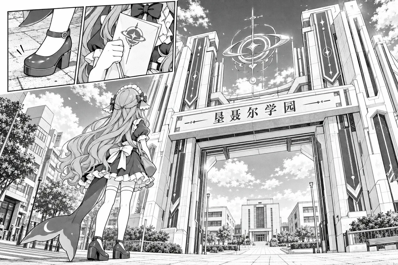 黑白漫画内页，共三格。左上小格是黑皮鞋踏在地面上的特写，带动作线；右上小格是一只手举着印有行星与蛇形校徽的录取通知书；主格中，长发少女背后拖着一条带弯月纹的鲸尾，身着深色连衣裙与白边围裙，站在刻有「垦聂尔学园」字样的大门下，门内是现代化校舍与天空。