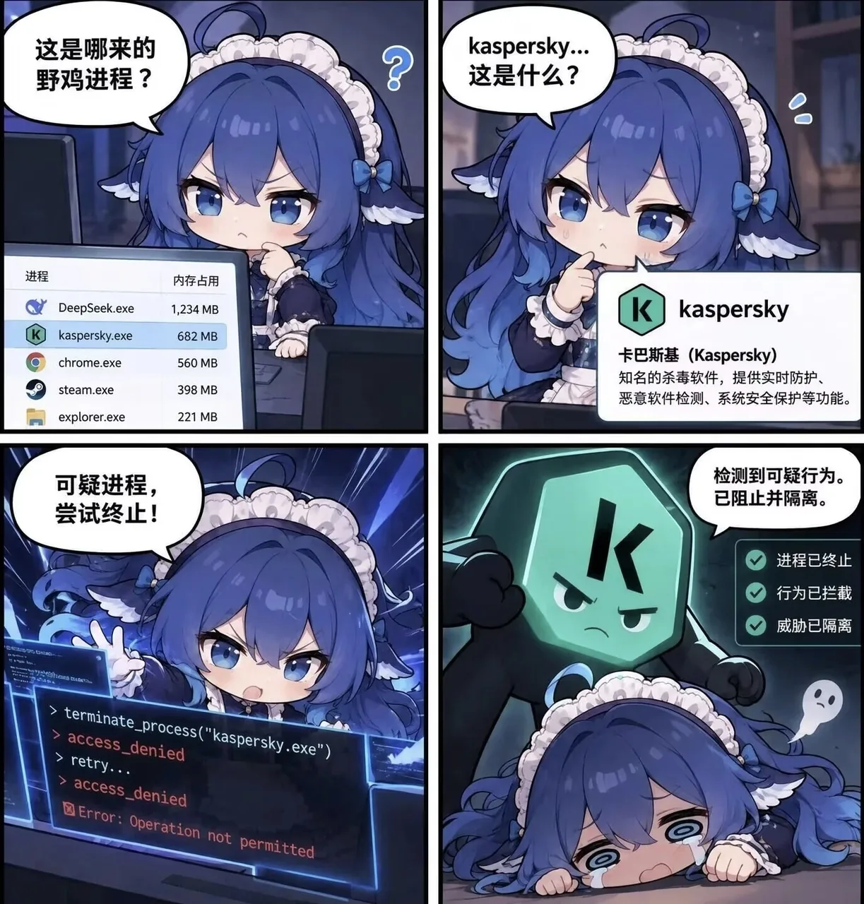 DeepSeek 拟人娘在任务管理器里发现陌生的 kaspersky.exe,试图强制终止却遭遇 access_denied,最终被卡巴斯基一把按倒的搞笑四格漫画。