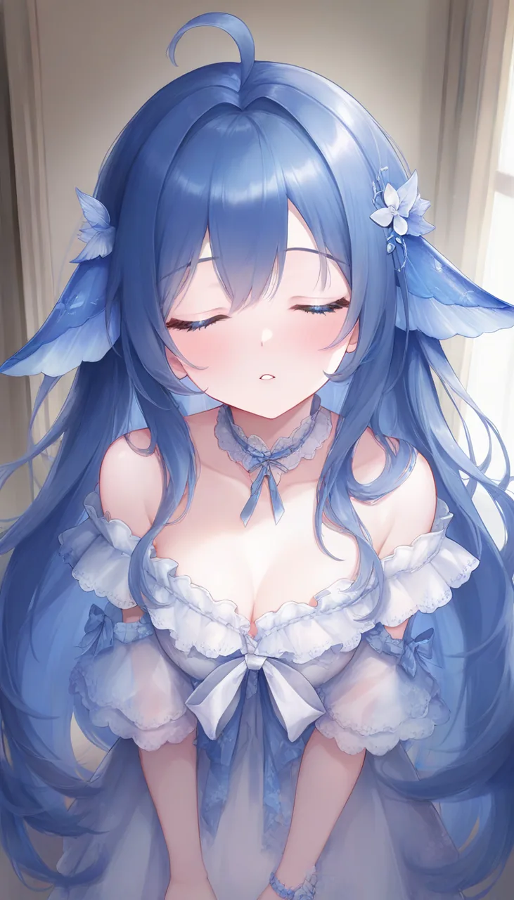 蓝色长发、水母耳饰的 DeepSeek 拟人少女闭眼俯视镜头,柔光下的二创插画。