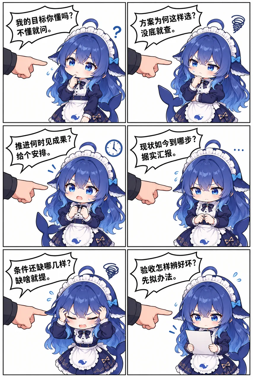 六格漫画，Q 版 DeepSeek 娘穿蓝白女仆装，被画面外伸出的手指连续追问：目标是否清楚、方案为何这样选、何时见成果、现状进行到哪一步、还缺哪几样条件、验收怎么辨好坏。前五格里她双手绞在身前、额头冒汗、尾巴低垂地逐条应对，最后一格捧着稿纸满脸汗珠，呈现被连环追问压得喘不过气的状态。