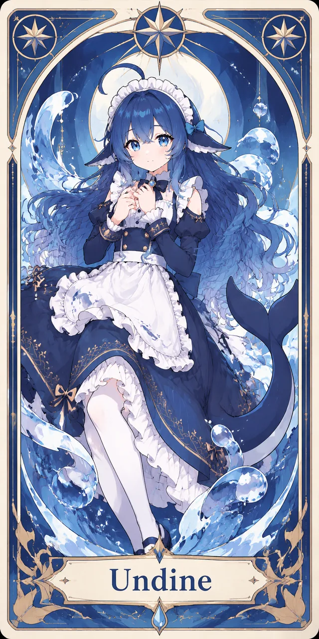 塔罗牌式的竖幅插画：深海少女温蒂妮留着蓝色长发，头顶弯出鲸尾形状的呆毛，身穿深蓝与白色相间的女仆装，系着荷叶边围裙，双手交叠在胸前。她周围环绕着翻卷的水花与气泡，背后是一轮明月和星形罗盘纹样，外侧是金色描边的卡牌边框，画面底部写着英文名 Undine。