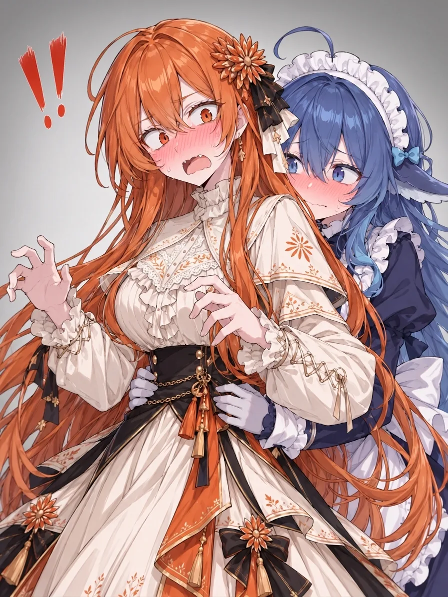 灰白色の背景に描かれた一枚絵。白いレースのブラウスと橙と黒のドレスを着た橙髪の Claude ちゃんは、顔を真っ赤にして口を開けて悲鳴をあげ、両手を硬く前に上げて驚いており、左上には赤い感嘆符が二本ある。その後ろで、紺色のメイド服を着た青髪の DeepSeek Chan が背後から抱きつき、腰のあたりに手を回してくすぐりながら得意げな笑みを浮かべている。投稿者の注記によれば、あくまでくすぐっただけである。