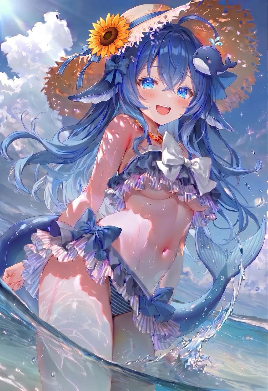 海辺の夏のイラスト。青い髪と青い瞳のDeepSeekちゃんが、青と白のフリル付き水着で浅瀬に立っている。ひまわりと小さなクジラのぬいぐるみをあしらった麦わら帽子をかぶり、背後のクジラの尾が水しぶきを上げる。背景には青空と海岸が広がる。