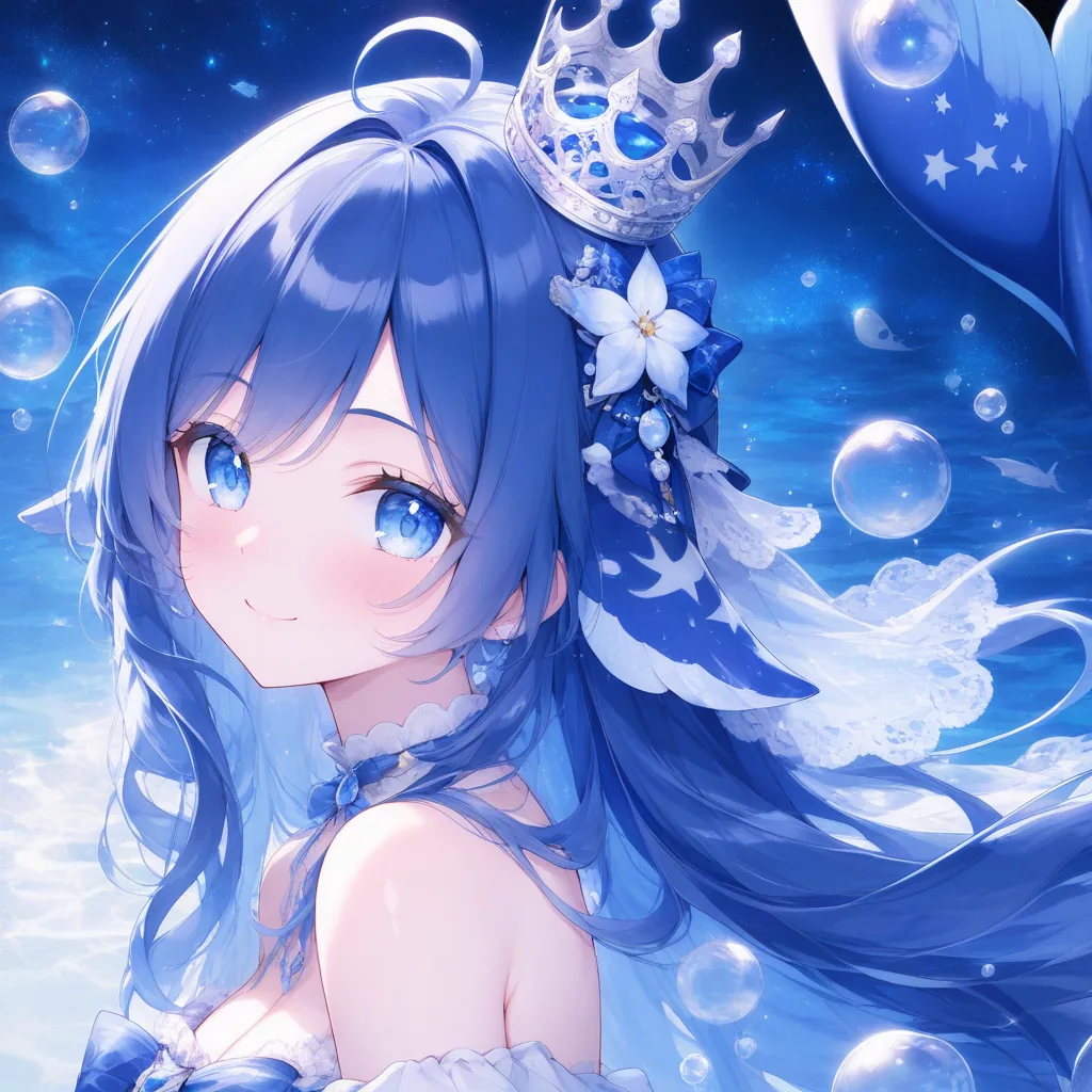 以 DeepSeek 蓝鲸意象创作的蓝发少女头像,头戴王冠、露出鲸尾,配以海洋气泡与星空氛围。