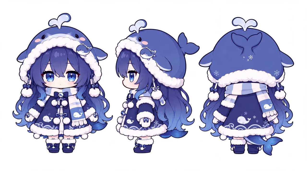 DeepSeekちゃんのちびキャラ冬服設定図。同じ衣装を正面・側面・背面の三方向から描いており、クジラ型のフード付きコート（フードには潮吹きと尾びれ付き）、白と青のストライプのマフラー、コートの裾にはクジラと雪の模様、後ろにはクジラの尾が見える。