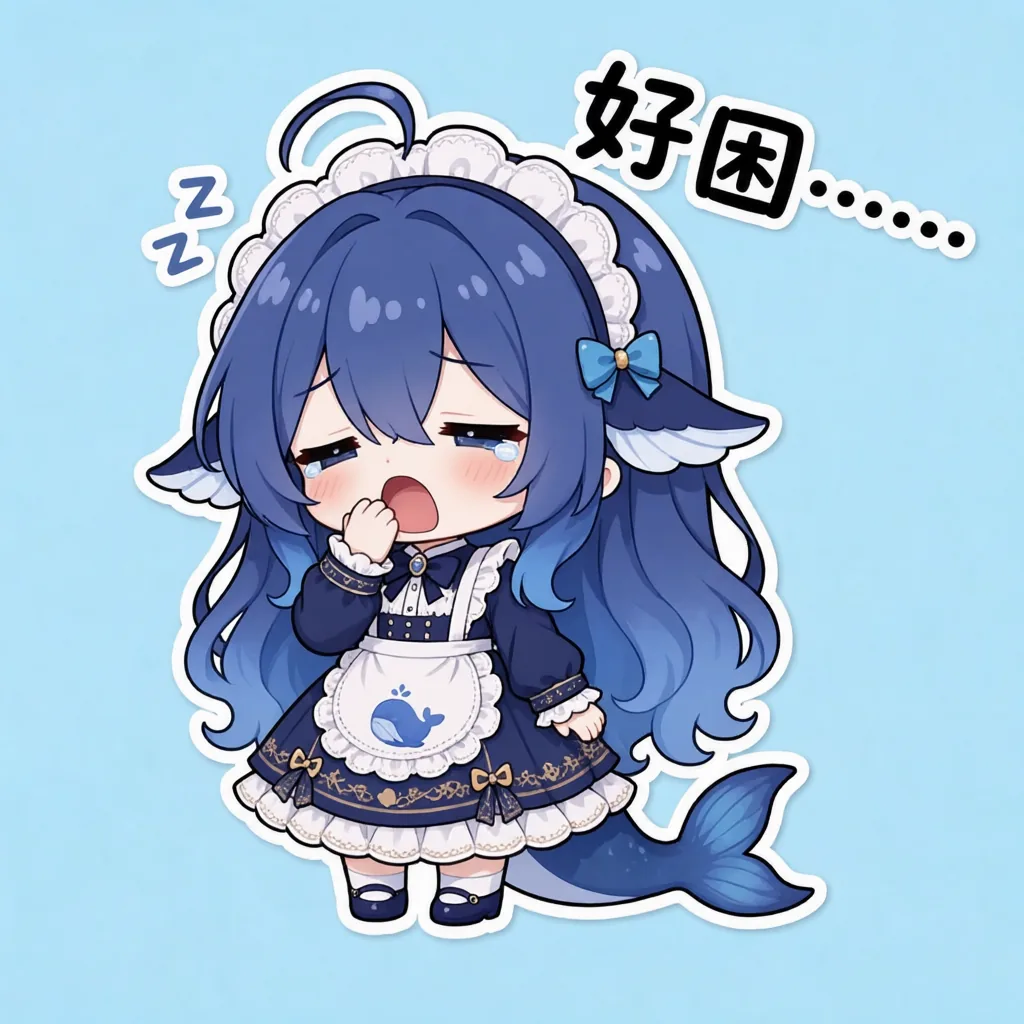 浅蓝底色贴纸风单图，Q 版 DeepSeek 娘穿深蓝女仆围裙，一手扒着嘴打哈欠、眼角挂泪，头上飘着“Zz”符号，右上角配“好困……”的黑字。