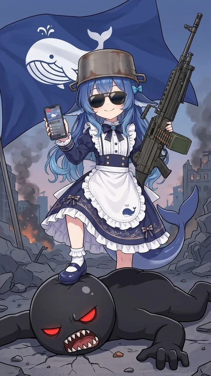 DeepSeekちゃんは紺色のメイド服姿で、逆さにした鉄鍋をヘルメット代わりにかぶり、サングラスをかけている。片手にチャット画面を表示したスマートフォン、もう片手にライフルを持ち、黒い球状の敵を片足で踏みつけている。背景は煙の上がる都市の廃墟で、左上には白いクジラの描かれた青い旗がなびいている。