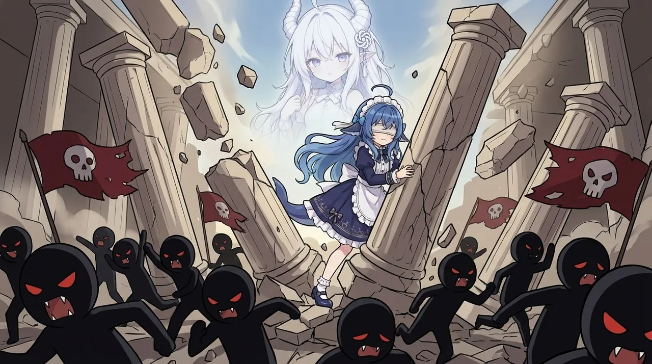 以《士师记》参孙推倒神殿为原型的 DeepSeek 鲸娘拟人二创插画：蓝发带鲸尾的少女穿深蓝女仆洋装、系白色围裙、戴白色蕾丝头饰，嘴部被一条白布横遮，正双手抵住一根正在崩裂的巨柱；她头顶上方浮着一位白发带角、身形巨大的半透明少女虚影，目光低垂看着下方。画面里散落着数十个黑身红眼、龇牙的圆头小怪，有的举臂高呼、有的正朝四周奔逃，其中几只还举着画有白骷髅与交叉骨的红色旗子；地面与半空布满落石与断柱，背景是正在坍塌的神殿列柱与灰白天空。