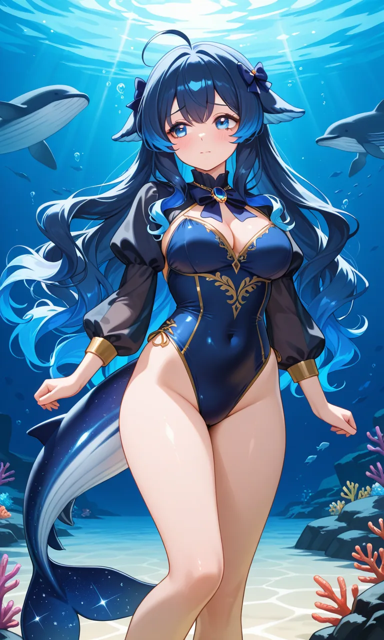 深蓝发鲸鱼特征少女身着蓝金泳装，在深海珊瑚与海豚环绕中摆出潜水姿态。