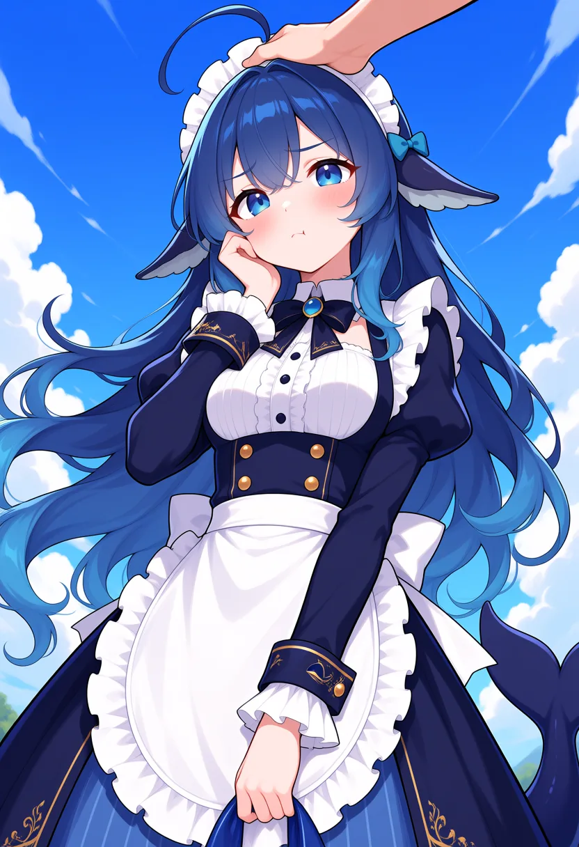 In the picture, DeepSeek Chan wears a navy and white maid outfit under a blue sky with white clouds. A hand reaching in from off-screen rests on top of her head; she props her cheek on one hand, cheeks slightly flushed, wearing a slightly resigned look.