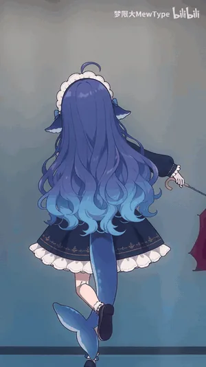 DeepSeek 鲸鱼拟人化少女的背影立绘,蓝渐变长发配鲸尾与女仆风裙装,手持洋伞似要离场。