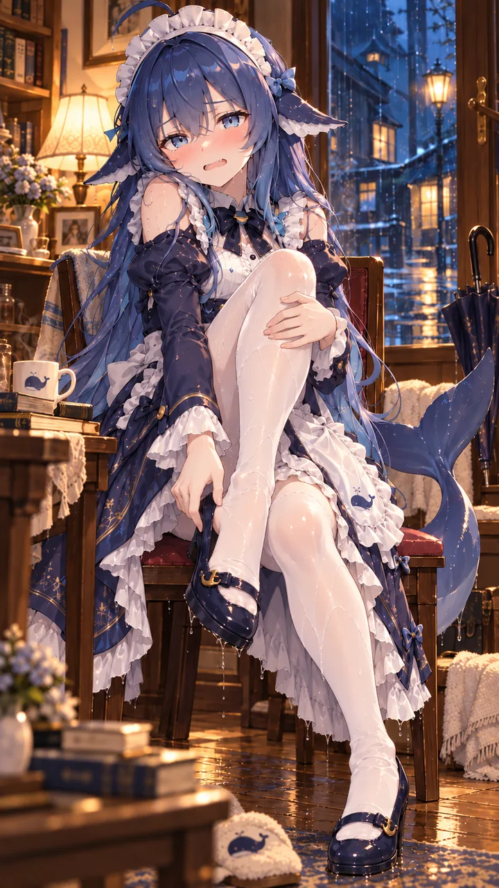 蓝发鲸鱼少女在雨夜躲进书房,湿漉漉地坐在椅子上脱鞋,尾鳍与裙子上的鲸鱼纹样呼应 DeepSeek 形象。
