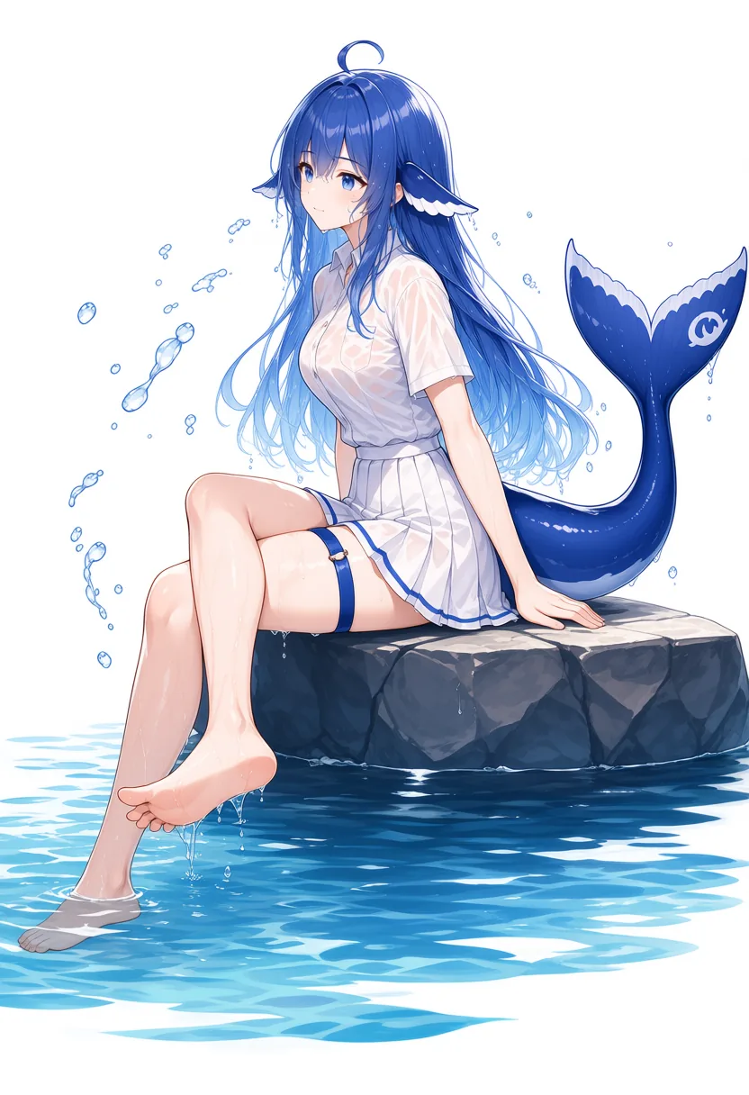 蓝发鲸尾少女身着白色连衣裙坐在水边礁石上,尾鳍翘起、水珠与气泡环绕,湿发贴脸,呈现 DeepSeek 蓝鲸拟人化的清爽水景插画。