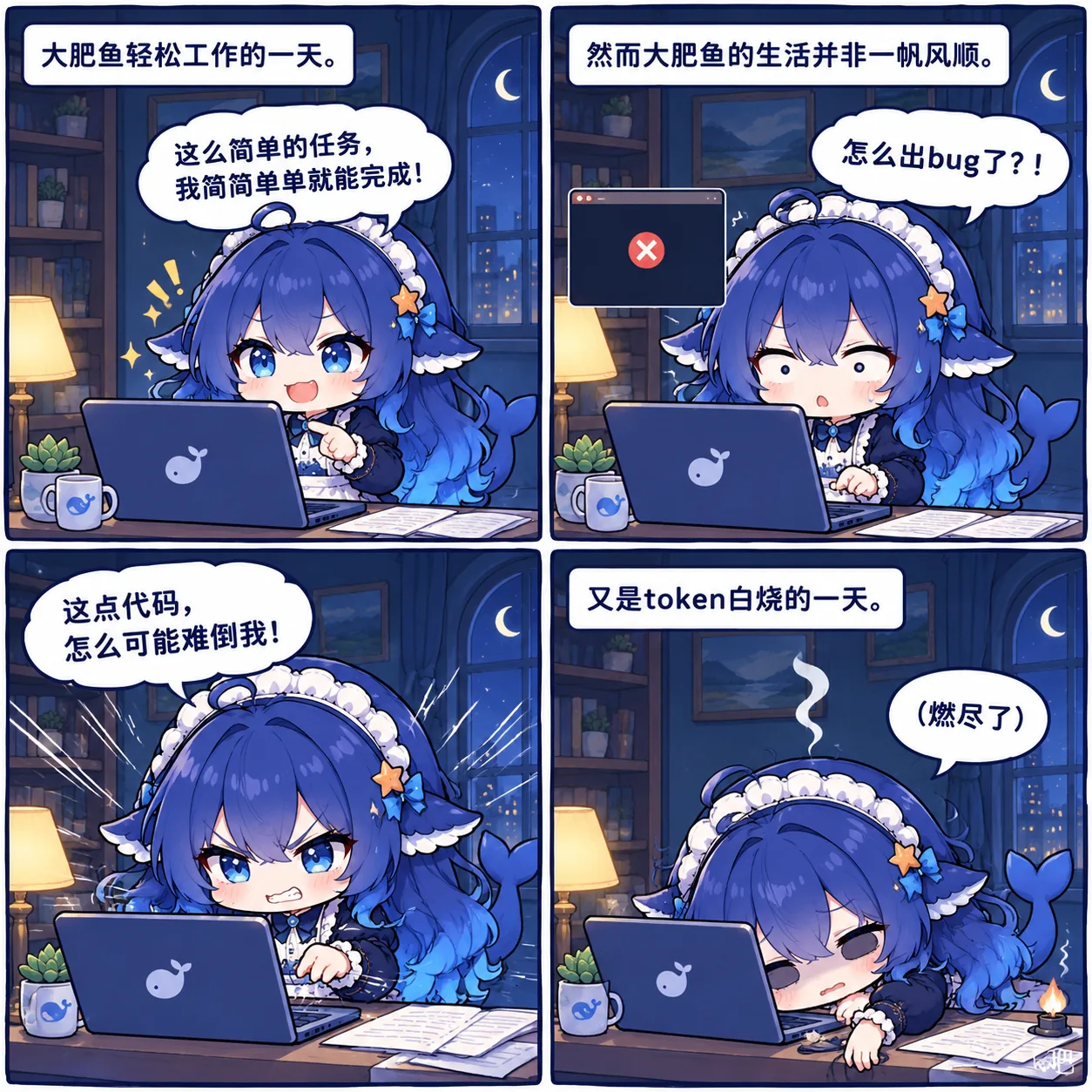四格漫画：大肥鱼接下一个自认为很简单的任务，写到一半弹出报错，越修越乱，最后 token 烧光趴在键盘上。作者自述是 Flash 修 bug 反而修出新 bug、最后由 Pro 收拾的故事。