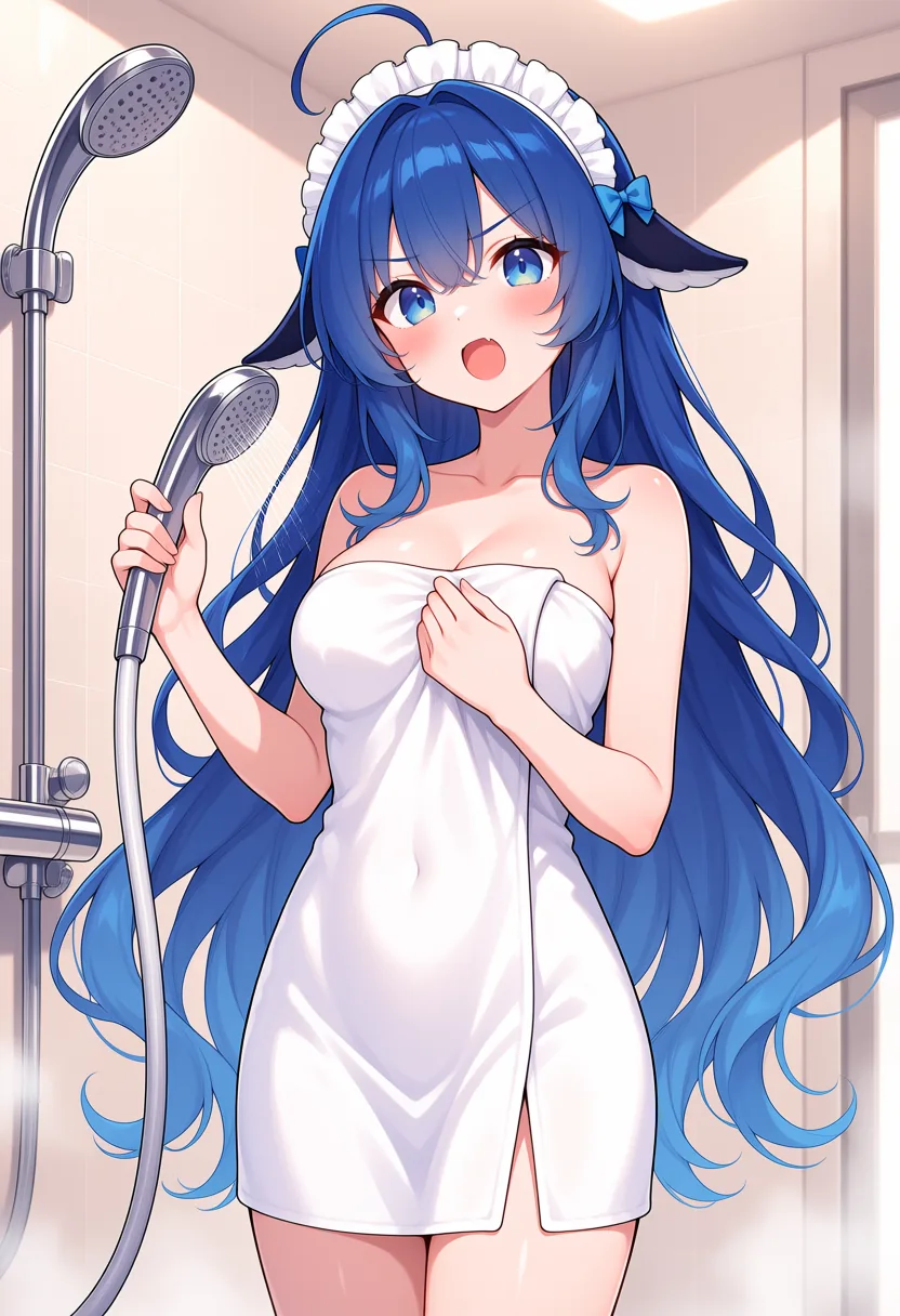 青い髪にクジラの耳を生やした娘が、白いバスタオルとメイドのヘッドドレス姿でシャワーヘッドを握り、浴室から睨みつけている一枚。